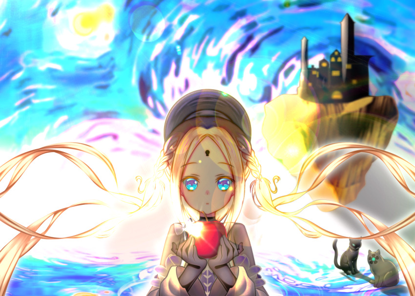 abigail_williams_(event_portrait)_(fate) abigail_williams_(fate) apple black_cat black_hat black_shirt blonde_hair blue_eyes bodystocking bow braid breasts castle cat dress dress_bow fate/grand_order fate_(series) floating_island food forehead fruit grey_dress hair_bow hat highres holding holding_food holding_fruit keyhole long_hair long_sleeves looking_at_viewer parted_bangs shirt sidelocks small_breasts starry_night_(van_gogh) suntakuchan the_son_of_man_(magritte) twin_braids very_long_hair