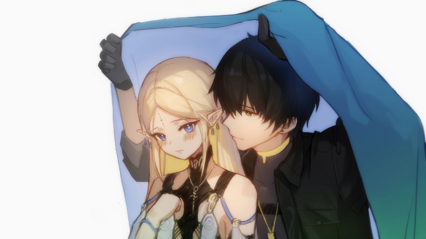 1boy 1girl :s absurdres arms_up bare_shoulders black_gloves black_hair black_jacket blanket blonde_hair blue_eyes blush breast_pocket cartethyia_(wuthering_waves) character_request chinese_commentary collared_jacket commentary covered_collarbone earrings embarrassed facial_mark forehead forehead_mark gloves gold_necklace grey_background grey_undershirt heads_together hetero highres holding holding_blanket hygge_hanrui jacket jewelry long_hair male_rover_(wuthering_waves) necklace parted_bangs pocket pointy_ears rover_(wuthering_waves) short_hair simple_background smile straight_hair tacet_mark_(wuthering_waves) under_covers wuthering_waves yellow_eyes
