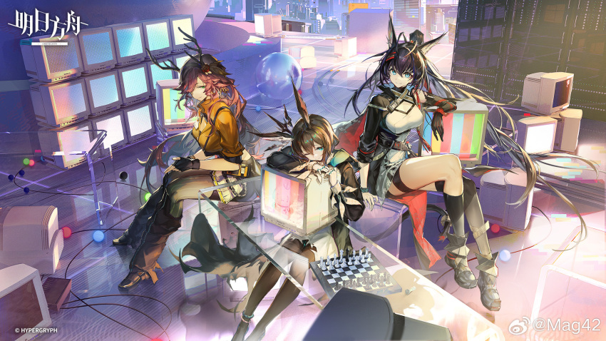 amiya_(arknights) amiya_(medic)_(arknights) animal_ears arknights black_gloves black_hair blaze_(arknights) blaze_the_igniting_spark_(arknights) blue_eyes board_game chess chess_piece chessboard coldshot_(arknights) crown crt gloves green_eyes highres horns jewelry long_hair looking_at_viewer mag_(mag42) ponytail purple_hair ring tail