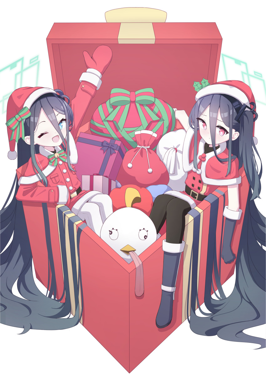 kei_(blue_archive) 2girls 525_woiwo absurdly_long_hair absurdres aris_(blue_archive) bell black_hair black_pantyhose blue_archive blue_eyes blush boots box capelet christmas closed_mouth gift gift_box hat highres jingle_bell long_hair multiple_girls one_eye_closed open_mouth pantyhose peroro_(blue_archive) red_capelet red_eyes santa_costume santa_hat simple_background smile very_long_hair white_background