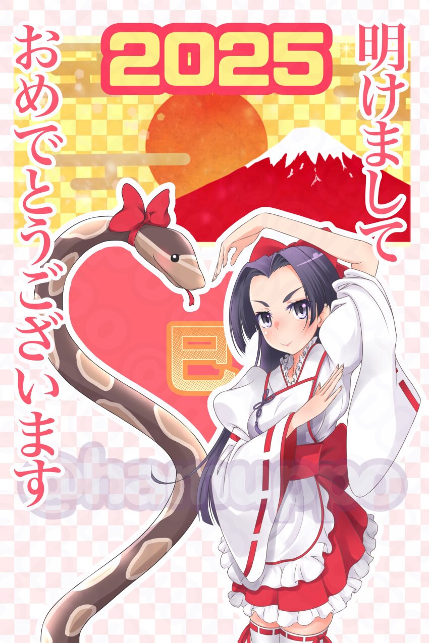 1girl 2025 absurdres akeome apron black_hair bow breasts checkered_background ekaterina_(railgun) forehead frilled_shirt frills grey_eyes hair_bow hair_intakes hamuppo happy_new_year heart heart_hands heart_hands_duo highres kongou_mitsuko long_hair medium_breasts mount_fuji new_year red_skirt shirt skirt snake solo sun thighhighs toaru_kagaku_no_railgun toaru_majutsu_no_index waist_apron watermark white_apron white_thighhighs