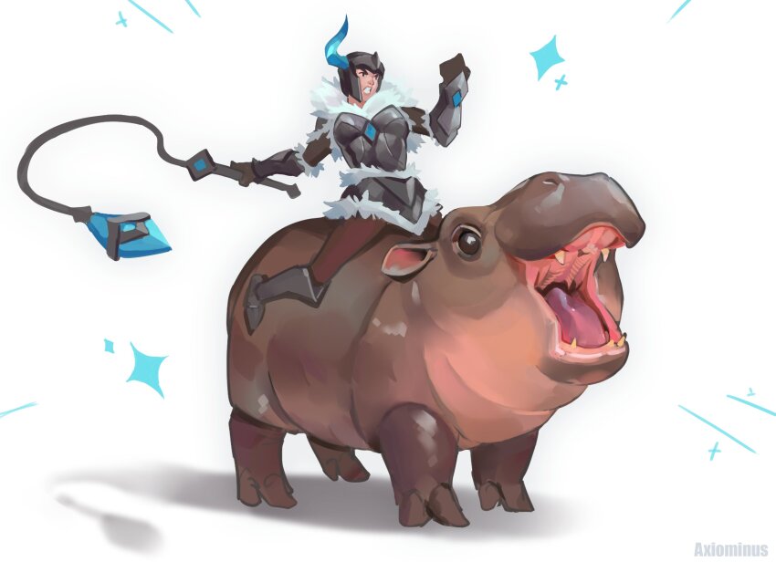 1girl absurdres animal armor baby_animal boots breasts commentary fake_horns full_body helmet highres hippopotamus holding horned_helmet horns large_breasts league_of_legends moo_deng open_mouth real_life riding sejuani shirt simple_background single_horn weapon