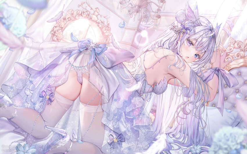 1girl blue_eyes blurry blurry_background blush bound bound_wrists breasts chandelier commentary commission dress glass_slipper hair_ornament hair_ribbon heterochromia high_heels highres indie_virtual_youtuber indoors isari_sensei long_hair looking_at_viewer looking_back medium_breasts mikazuki_silvi nail_polish panties pantyshot parted_lips pastel_colors purple_eyes restrained ribbon sideboob soles solo squatting thighhighs underwear virtual_youtuber white_dress white_hair white_nails white_panties white_thighhighs zettai_ryouiki