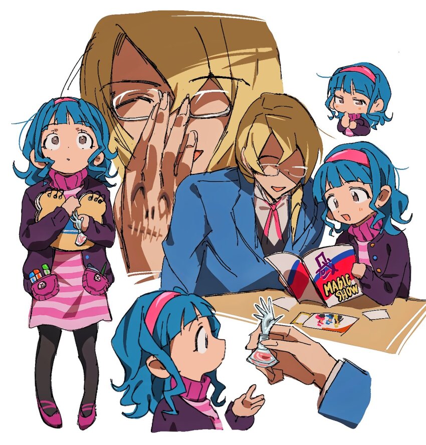 1boy 1girl ace_attorney adjusting_eyewear age_difference apollo_justice:_ace_attorney bad_multiple_views blank_stare blonde_hair blue_hair blue_suit blunt_bangs book brown_eyes buttons chibi collared_shirt commentary confused curly_hair drill_hair formal_clothes grgrton headband highres holding holding_book jacket kristoph_gavin lapels neck_ribbon pantyhose pink_ribbon pink_shoes ribbon scar scar_on_hand shirt shoes side_drill simple_background smile striped_clothes suit suit_jacket sweater swept_bangs symbol-only_commentary turtleneck turtleneck_sweater vera_misham white_background