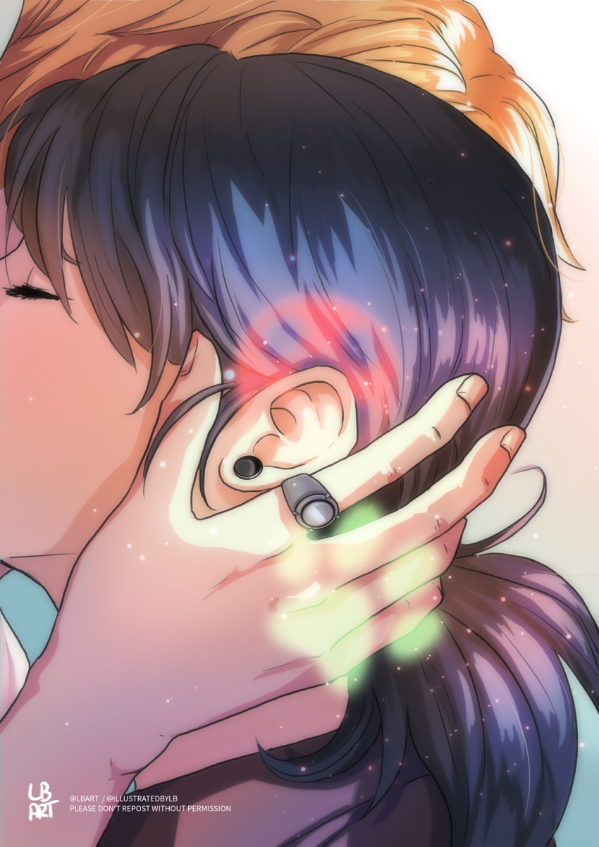 1boy 1girl 97pieces adrien_agreste black_hair blonde_hair closed_eyes commentary earrings english_commentary from_side gen_1_pokemon highres jewelry low_ponytail marinette_dupain-cheng miraculous_ladybug paw_print pokemon ponyta ponytail ring signature watermark