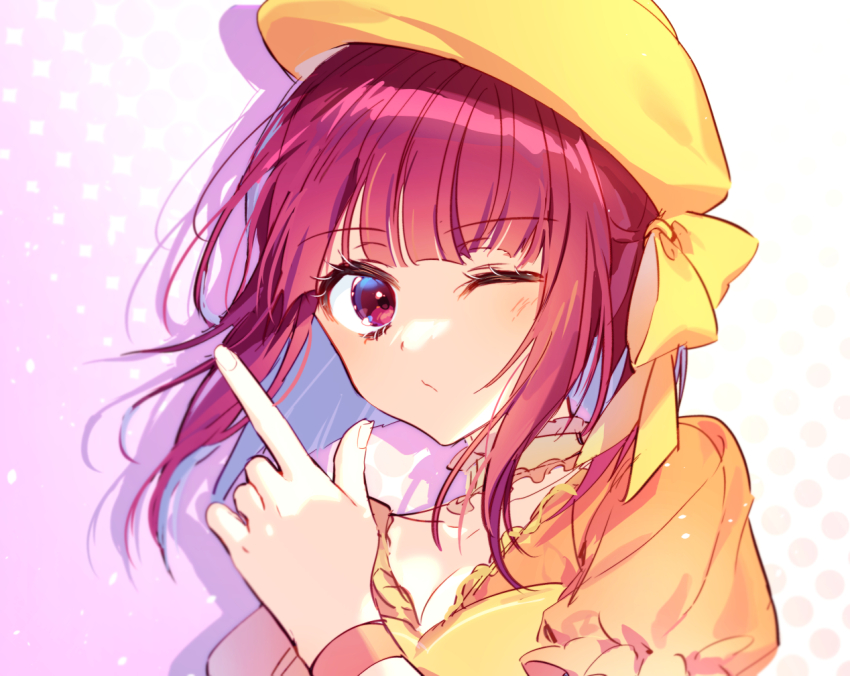 arima_kana bad_id bad_twitter_id breasts choker cleavage close-up finger_gun gradient_background hat index_finger_raised low-cut momi_atm one_eye_closed oshi_no_ko red_eyes red_hair ribbon short_hair wristband yellow_choker yellow_hat yellow_ribbon