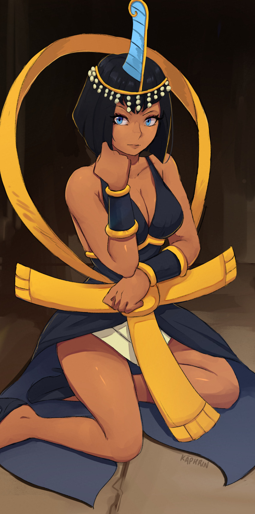 1girl absurdres black_hair blue_eyes bob_cut breasts cleavage dark-skinned_female dark_skin eliza_(skullgirls) high_heels highres kaphrin large_breasts short_hair sitting skullgirls solo tiara vambraces