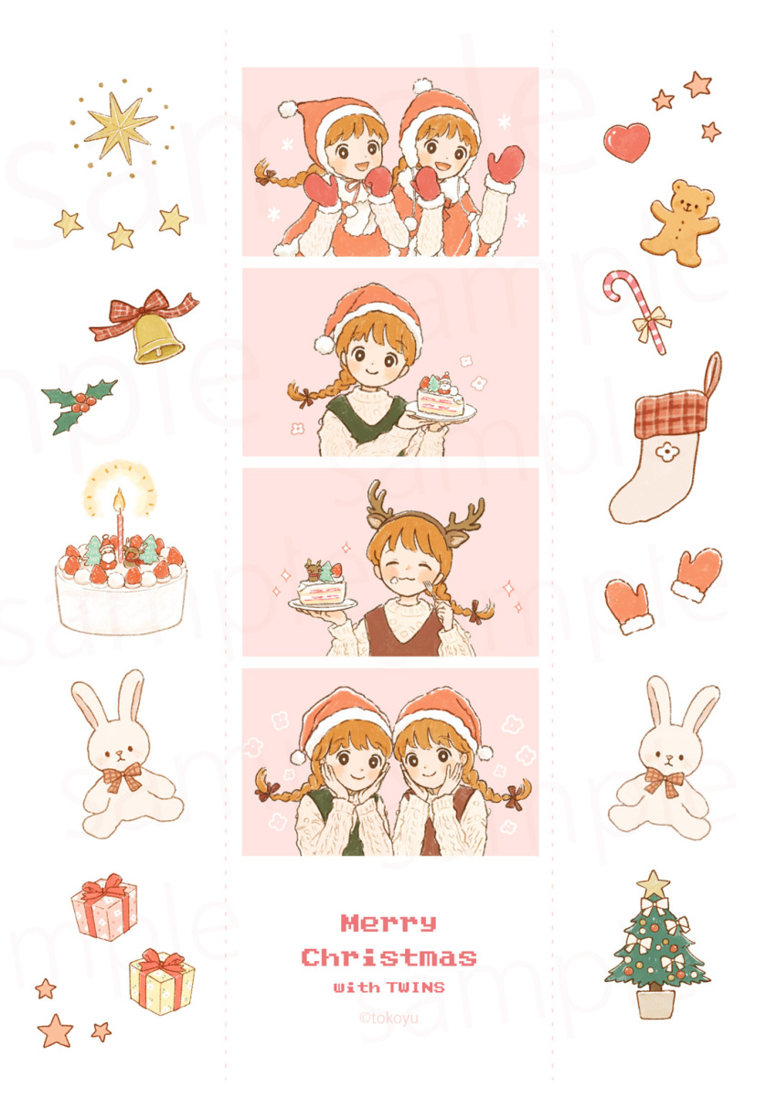 6+girls :3 animal_ears antlers bell blush bow box braid brown_eyes brown_hairband brown_vest cake cake_slice candle candy candy_cane character_doll chin_strap christmas christmas_stocking christmas_tree closed_eyes coat collage cream cream_on_face deer deer_ears doll dot_nose dotted_line eating english_text fake_animal_ears fake_antlers food food_on_face foodgasm fruit fur-trimmed_coat fur-trimmed_headwear fur-trimmed_jacket fur-trimmed_mittens fur_trim gift gift_box green_vest hair_ribbon hairband hand_on_own_cheek hand_on_own_face happy hat heart highres holding holding_box holding_food holding_gift holding_plate holly horns instagram_username jacket leaf long_sleeves looking_at_viewer matching_hairstyle merry_christmas mittens multiple_girls open_mouth orange_hair original pink_background pink_ribbon plaid_bow plate red_coat red_headwear red_jacket red_mittens red_ribbon reindeer reindeer_antlers ribbon romaji_text santa_claus santa_costume santa_hat siblings simple_background single_sock smile socks star_(symbol) sticker strawberry stuffed_animal stuffed_rabbit stuffed_toy sweater sweets teddy_bear tokoyu twins twitter_username vest wavy_mouth white_background white_sweater yellow_bow yellow_sweater