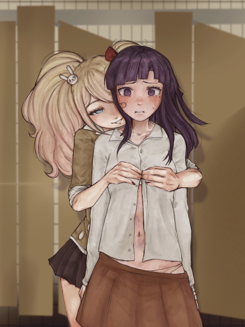 2girls after_rape aftersex bandaged_arm bandages bandaid bandaid_on_face bathroom black_skirt blazer blonde_hair blue_eyes blush bow broken brown_blazer brown_panties brown_skirt bruise buttons collarbone collared_shirt danganronpa:_trigger_happy_havoc danganronpa_(series) danganronpa_2:_goodbye_despair danganronpa_3_(anime) dressing_another empty_eyes enoshima_junko eyebrows eyelashes female_focus fingernails hair_bow hair_ornament highres imaginaryiand indoors injury jacket long_fingernails long_hair long_sleeves looking_at_viewer matching_hair/eyes multiple_girls nail_polish navel official_alternate_costume open_clothes open_mouth open_shirt panties pleated_skirt purple_eyes purple_hair rabbit_hair_ornament red_nails red_now reflection school_uniform shirt sink skirt smile standing sweat sweatdrop tsumiki_mikan twintails underwear white_shirt yuri