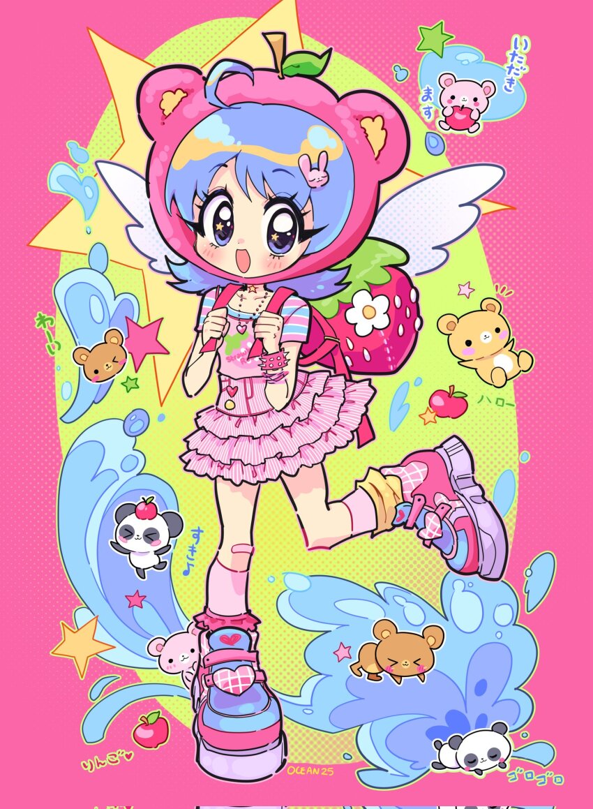 1girl 2000s_(style) abstract_background ahoge apple backpack bag bandaid bandaid_on_leg blue_eyes blue_hair blush bracelet brown_bear camisole child commentary corrupted_twitter_file english_commentary fashion flipped_hair food food-themed_bag food-themed_hat food_print frilled_skirt frills fruit fruit_print hair_ornament hat heart heart_necklace heisei_retro highres jewelry layered_clothes leaf leg_up looking_at_viewer mixed-language_commentary necklace oceaninspace original panda pendant pink_background pink_camisole pink_hat pink_shoes pink_skirt pink_socks rabbit_hair_ornament shirt shoes short_hair short_sleeves skirt smile sneakers socks solo spiked_bracelet spikes standing standing_on_one_leg strawberry_print striped_clothes striped_shirt translation_request white_wings wings yellow_socks