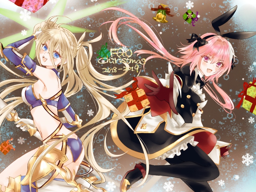 1boy 1girl asa_(1asa-0-asa1) ass astolfo_(fate) astolfo_(saber)_(fate) bad_id bad_pixiv_id bare_shoulders bell bikini black_dress black_gloves black_legwear blonde_hair blue_bikini blue_eyes blue_gloves blush bow bowtie box bradamante_(fate) bradamante_(third_ascension)_(fate) braid breasts cleavage crown_braid dress elbow_gloves energy_barrier energy_shield fate/grand_order fate_(series) gift gift_box gloves hair_bow hair_intakes hair_ribbon highleg highres jingle_bell juliet_sleeves large_breasts layered_skirt long_hair long_sleeves looking_at_viewer low_twintails multicolored_bikini multicolored_hair pink_hair puffy_sleeves purple_eyes ribbon skirt streaked_hair swimsuit thigh_strap thighs trap twintails two-tone_bikini two-tone_gloves very_long_hair white_bikini white_gloves white_hair white_skirt wide_sleeves