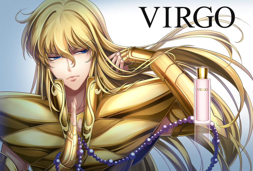 1boy androgynous armor beads blonde_hair blue_eyes bottle full_armor gold_armor gradient_background long_hair male_focus perfume_bottle prayer_beads rosary saint_seiya solo virgo_shaka yonakaforever