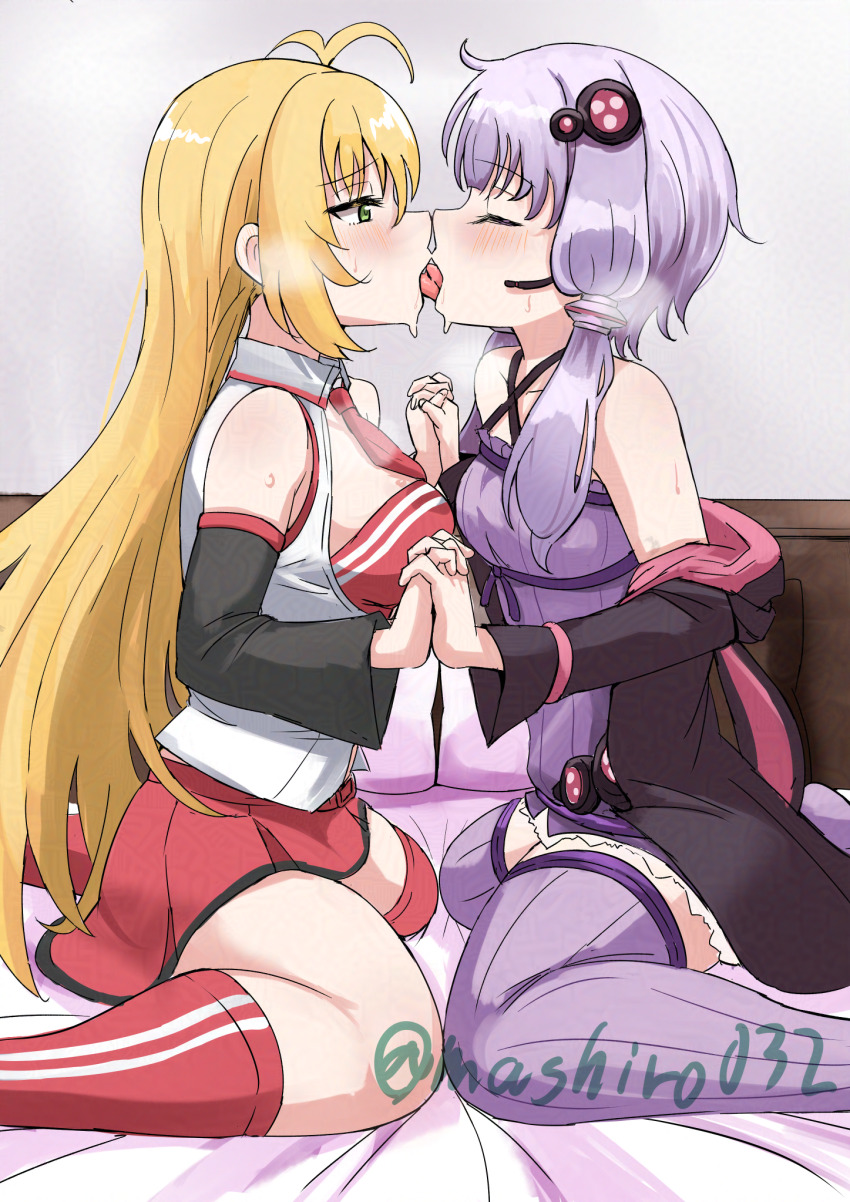 2girls antenna_hair black_jacket black_sleeves blonde_hair blush breasts closed_eyes collared_shirt commentary_request commission detached_sleeves dress ereka feet_out_of_frame french_kiss green_eyes hair_ornament hairclip halter_dress halterneck headset highres hood hooded_jacket indoors jacket jacket_partially_removed kiss kneehighs large_breasts long_hair looking_at_another low-tied_sidelocks miniskirt multiple_girls on_bed open_mouth profile purple_dress purple_thighhighs red_skirt red_socks ribbed_dress ribbed_thighhighs shirt short_dress sidelocks sitting skeb_commission skirt sleeveless sleeveless_dress sleeveless_shirt small_breasts socks thighhighs tsurumaki_maki twitter_username very_long_hair vocaloid voiceroid wariza white_shirt yuri yuzuki_yukari