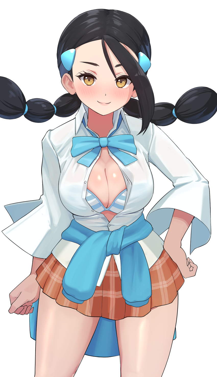 1girl absurdres asaborakenoke black_hair blue_bow blue_bowtie bow bowtie bra breasts brown_eyes brown_skirt candice_(pokemon) clothes_around_waist commentary_request cowboy_shot highres large_breasts multi-tied_hair nintendo pokemon pokemon_dppt shirt skirt smile solo striped_bra striped_clothes sweater sweater_around_waist thighs twintails unbuttoned unbuttoned_shirt underwear white_background white_shirt