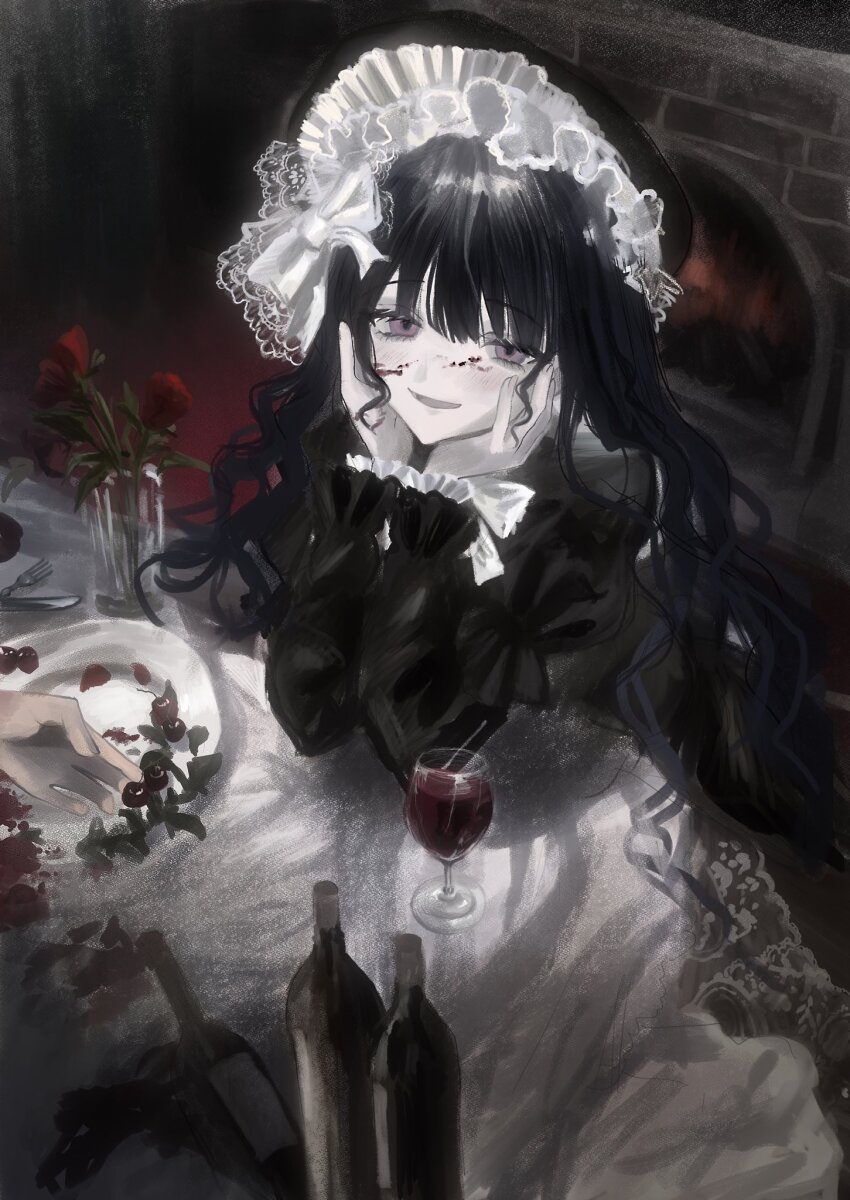 1girl akai_ringo_(eveyuno) black_dress black_gloves black_hair black_headdress blood blood_on_face breasts choker curtains dress elbow_gloves gloves goth_fashion highres indoors lolita_fashion long_sleeves looking_at_viewer non-web_source original solo window