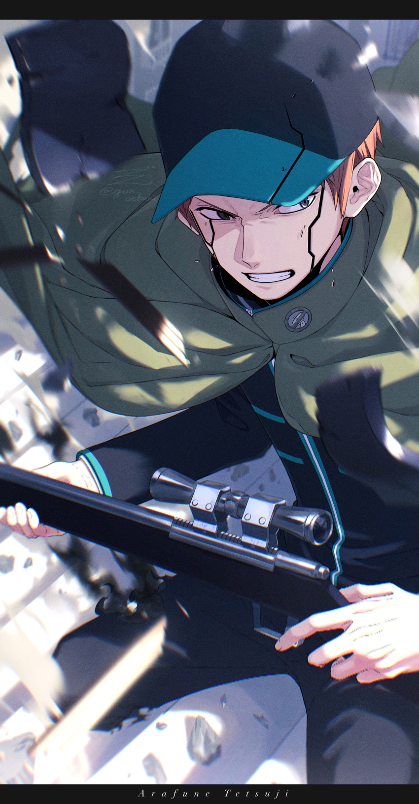 1boy absurdres arafune_tetsuji black_jacket black_pants clenched_teeth cloak gon_oekaki green_cloak grey_eyes gun highres holding holding_gun holding_weapon jacket looking_to_the_side male_focus orange_hair pants rifle short_hair solo teeth weapon world_trigger