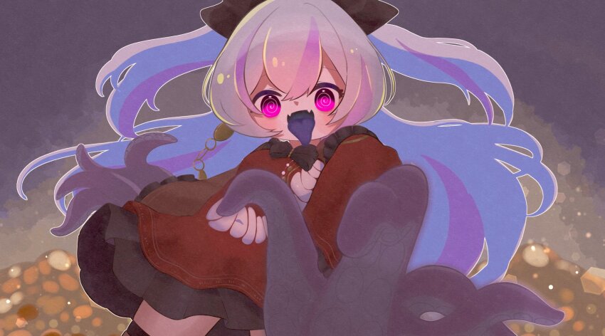 1girl @_@ adventure_(azur_lane) azur_lane black_ribbon blue_hair blue_tongue colored_tongue dress fang hair_ribbon highres long_hair looking_at_viewer multicolored_hair oppogatoreta purple_eyes purple_hair purple_streaks red_dress ribbon skin_fang solo streaked_hair tentacle_arm tentacles tongue tongue_out torn_clothes torn_dress two_side_up