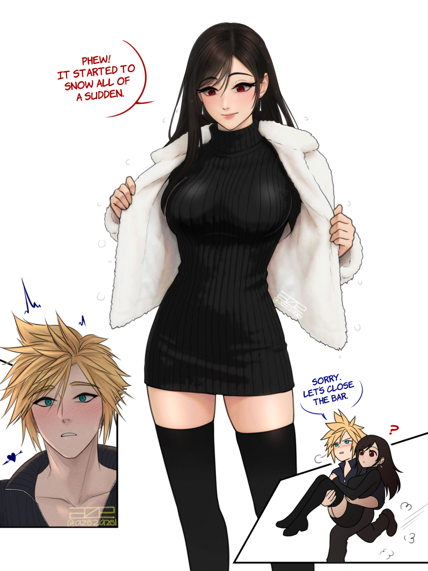 1boy 1girl ? ^^^ absurdres alternate_costume arrow_through_heart azezazel black_hair black_sweater black_thighhighs blonde_hair blue_eyes blush breasts carrying cloud_strife commentary couple dress earrings english_commentary english_text feet_out_of_frame final_fantasy final_fantasy_vii final_fantasy_vii:_advent_children fur_jacket hair_behind_ear hair_between_eyes hetero highres jacket jewelry large_breasts lips long_hair motion_lines open_clothes open_jacket parted_lips pink_lips princess_carry puff_of_air red_eyes running signature simple_background skindentation snow speech_bubble spiked_hair surprised sweater sweater_dress teardrop_earrings thighhighs tifa_lockhart tight_clothes turtleneck turtleneck_sweater twitter_username white_background white_jacket winter_clothes zettai_ryouiki