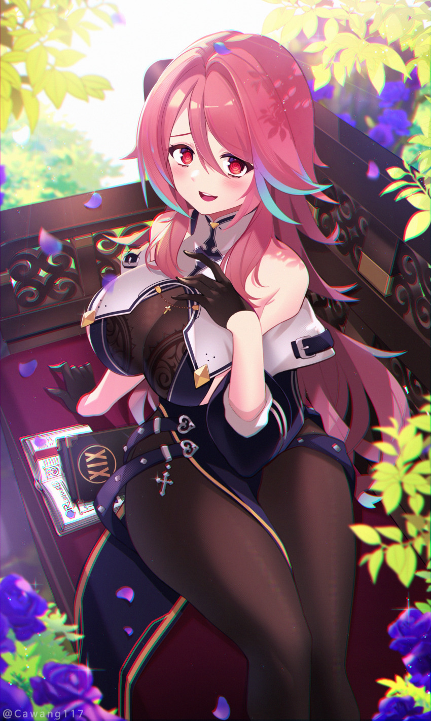 1girl absurdres black_gloves book breasts brown_pantyhose cawang day gloves highres indie_virtual_youtuber large_breasts leaf long_hair looking_at_viewer open_book open_mouth outdoors pantyhose pink_eyes pink_hair rosetta_(vtuber) sidelocks sitting smile solo teeth upper_teeth_only