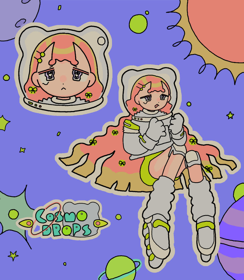 1girl :&lt; blue_background blush closed_mouth commentary dot_nose dress english_text floating_hair full_body gloves grey_footwear grey_gloves grey_outline helmet highres knee_pads leg_warmers long_hair looking_at_viewer multiple_views nose_blush open_mouth orange_hair orbital_path original outline parted_bangs planet planetary_ring portrait purple_eyes roller_skates short_dress shorts shuujuu_misobata simple_background skates sky space_helmet spacesuit star_(sky) straight-on sun symbol-only_commentary very_long_hair wavy_eyes yellow_shorts