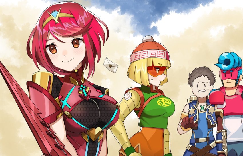 2boys 2girls armor arms_(game) beanie blonde_hair blush chest_jewel crotchless crotchless_pants domino_mask earrings eyebrows_visible_through_mask fingerless_gloves food gem gloves hat headpiece jewelry katwo knit_hat mask min_min_(arms) multiple_boys multiple_girls nintendo noodles orange_headwear pants pompadour pyra_(xenoblade) red_eyes red_hair rex_(xenoblade) short_hair spring_man_(arms) super_smash_bros. swept_bangs sword tiara weapon xenoblade_chronicles_(series) xenoblade_chronicles_2