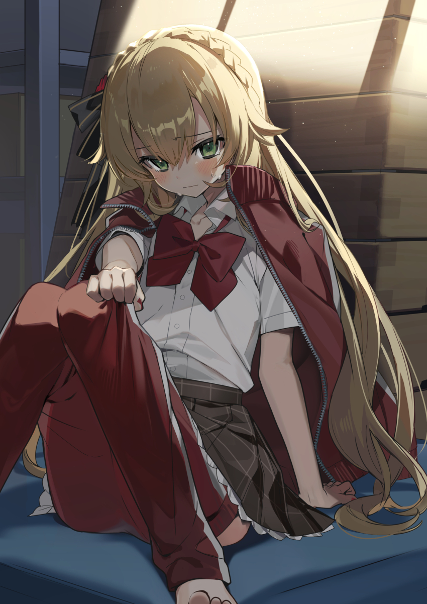 1boy barefoot blonde_hair blush bow bowtie braid brown_skirt closed_mouth collared_shirt crossdressing crown_braid dress_shirt fuubuu green_eyes gym_storeroom gym_uniform hair_between_eyes hair_bow hair_flaps highres indoors jacket jacket_on_shoulders knees_together_feet_apart long_hair looking_ahead loose_bowtie male_focus mattress nijisanji pants pleated_skirt red_bow red_bowtie red_pants school_uniform shirt short_sleeves sitting skirt solo sweat trap undressing uzuki_kou very_long_hair virtual_youtuber wavy_mouth white_shirt