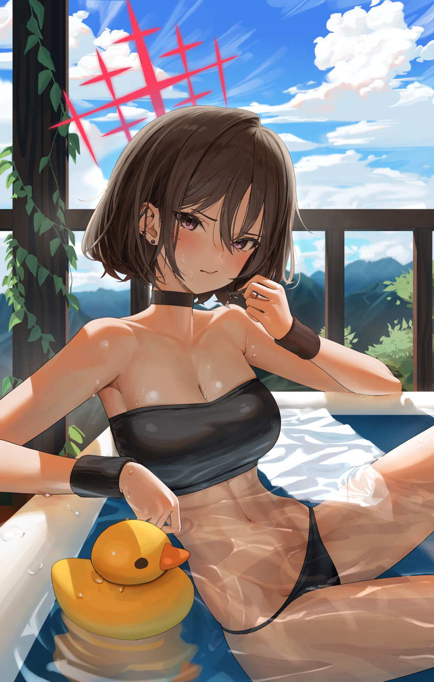1girl absurdres bare_shoulders bikini black_bikini black_tube_top blue_archive blue_sky blush breasts brown_hair closed_mouth cloud cloudy_sky collarbone commentary_request day earrings hair_intakes halo highres jewelry looking_at_viewer medium_breasts misaki_(blue_archive) misaki_(swimsuit)_(blue_archive) navel official_alternate_costume partially_submerged pillar railing red_eyes red_halo rubber_duck short_hair sky solo strapless stud_earrings swimsuit tagua thighs toned toned_female tube_top water wooden_railing wristband