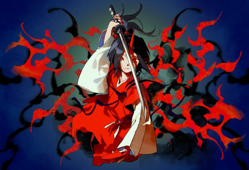 1girl black_hair blue_background cup fire highres horns japanese_clothes kaigen_1025 kataginu kimono konngara_(touhou) long_sleeves ponytail red_eyes red_horns ribbon sakazuki short_hair single_horn smile smoke sword touhou touhou_(pc-98) weapon