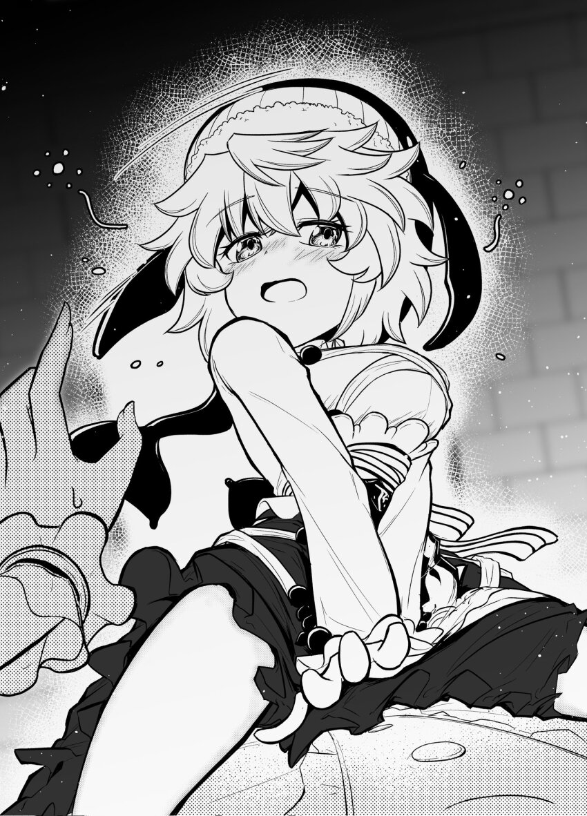 2girls blush breasts buttons center_frills commentary_request cowboy_shot female_pov frills greyscale highres ibuki_suika indoors kakunoshin22 large_breasts looking_at_viewer monochrome multiple_girls okunoda_miyoi open_mouth pov shirt short_hair skirt smile touhou whale_hat wrist_cuffs yuri