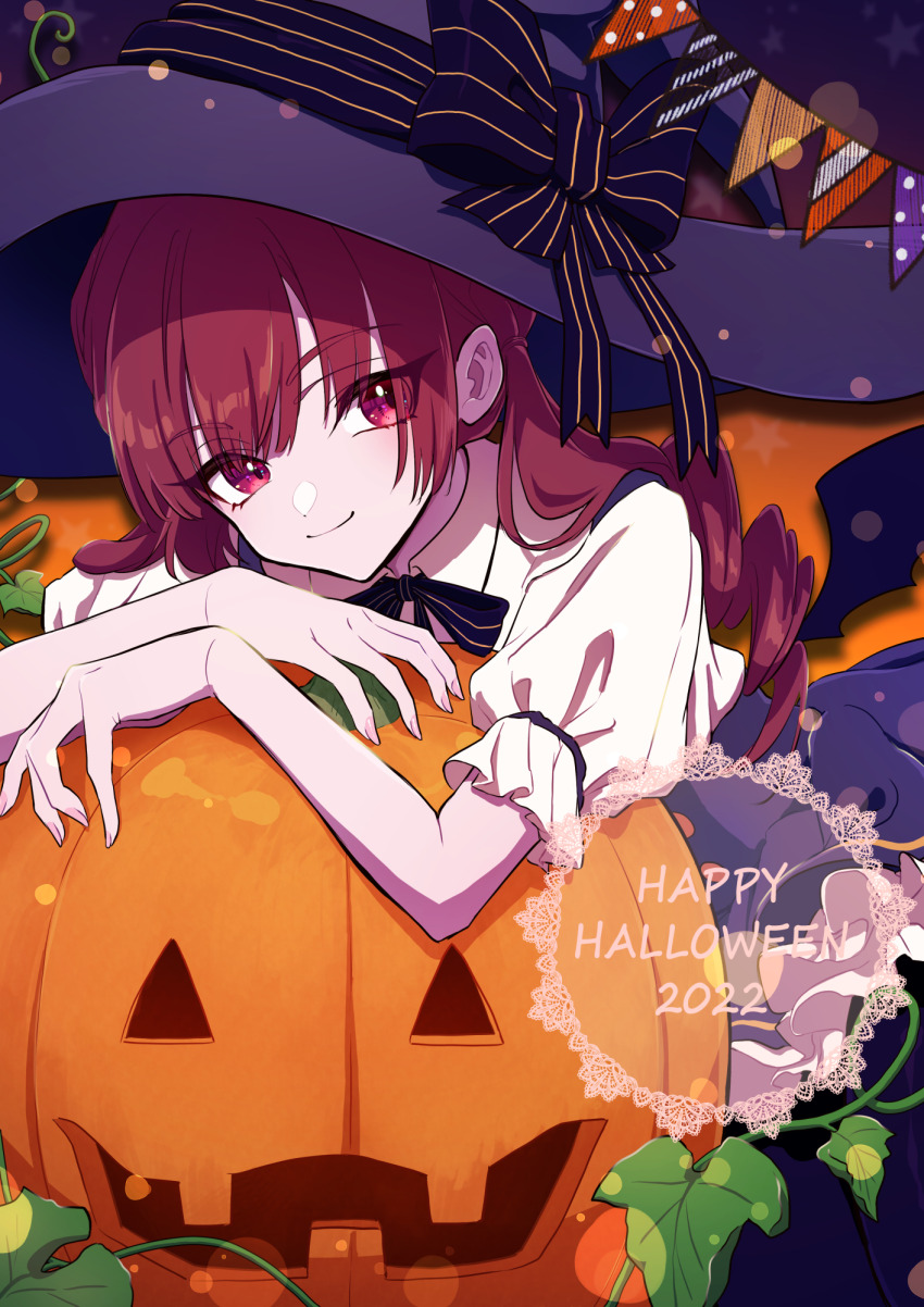 1girl 2022 black_bow black_bowtie black_hat black_skirt bow bowtie closed_mouth collared_shirt commentary drill_hair english_commentary english_text frilled_sleeves frills halloween happy_halloween hat hat_bow highres ivy jack-o&#039;-lantern leaning_forward leaning_on_object long_hair looking_at_viewer minogi1029 original red_eyes red_hair shirt short_sleeves skirt smile solo white_shirt witch witch_hat