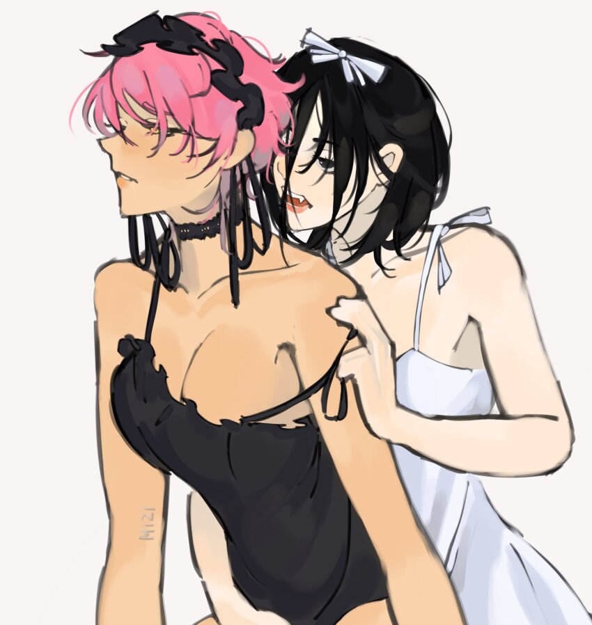 2girls alien_stage arm_around_waist arm_tattoo black_choker black_dress black_eyes black_hair black_headdress bow breasts choker cleavage commentary dress english_commentary fangs hair_bow highres lace lace_choker medium_hair mizi_(alien_stage) multiple_girls official_alternate_costume open_mouth parted_lips pink_hair short_hair sua_(alien_stage) tattoo very_short_hair white_bow white_dress yokii237 yuri