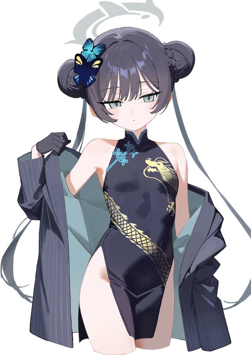 1girl absurdres bare_shoulders black_dress black_hair blue_archive blush breasts butterfly_hair_ornament china_dress chinese_clothes closed_mouth coat double_bun dragon_print dress eyelashes grey_eyes grey_halo hair_bun hair_ornament halo highres jacket kisaki_(blue_archive) long_hair looking_at_viewer print_dress sleeveless sleeveless_dress small_breasts solo striped_clothes striped_coat striped_jacket tight_clothes tight_dress twintails vertical-striped_clothes vertical-striped_coat vertical-striped_jacket very_long_hair white_background yue3621