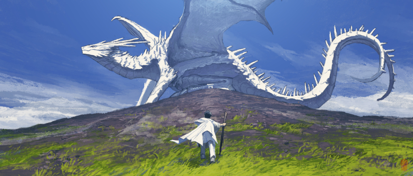 1other blue_sky cane cloud cloudy_sky dragon fantasy grass highres hill monster monster_focus original outdoors scenery sky spines tail taiyakiki-5687 western_dragon white_scales white_wings wings