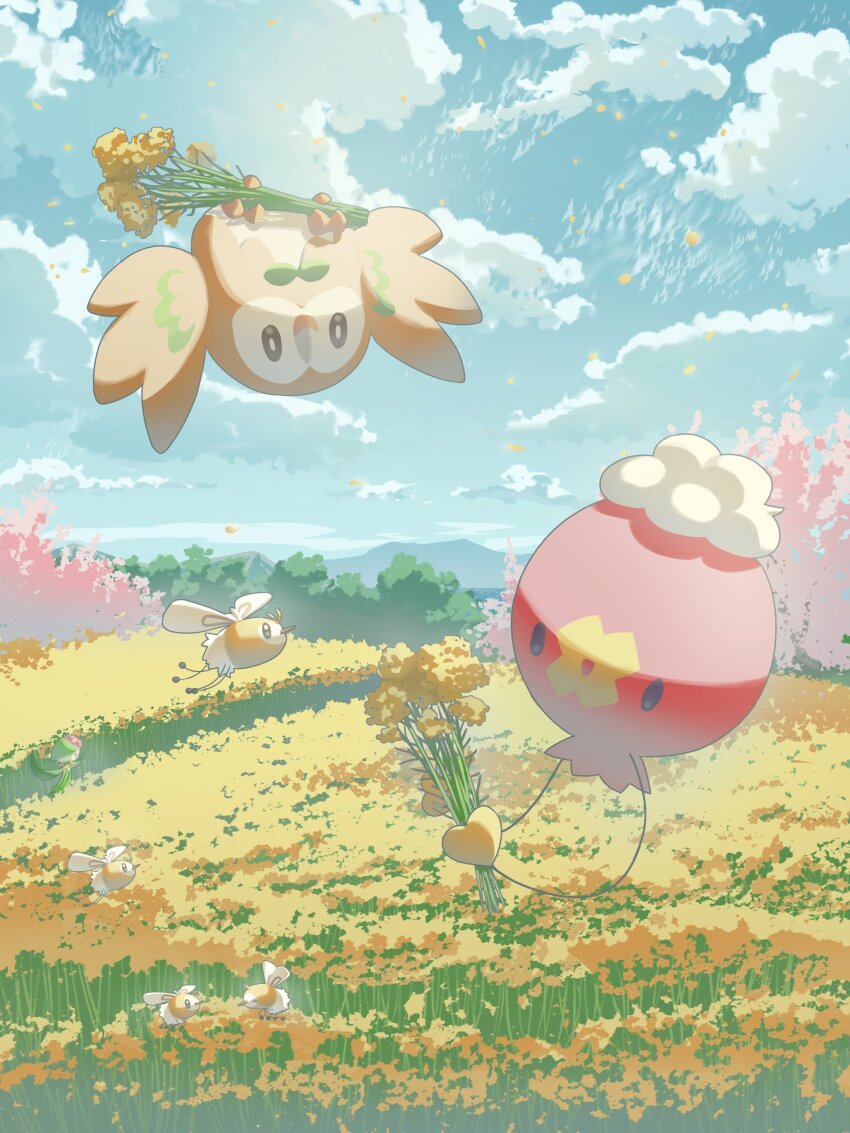 :d absurdres cloud commentary_request cutiefly day drifloon field flower flower_field flying gen_4_pokemon gen_7_pokemon highres hisuian_lilligant holding mokukitusui nintendo no_humans open_mouth outdoors pokemon pokemon_(creature) rowlet sky smile yellow_flower