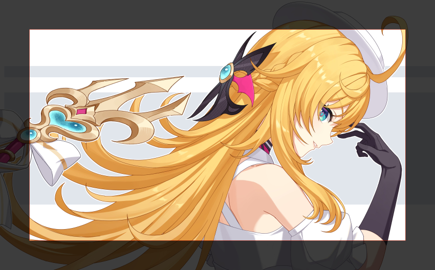 1girl absurdres ahoge alternate_costume bare_shoulders black_gloves blonde_hair blue_eyes cancancancan chair elbow_gloves escoffier_(genshin_impact) genshin_impact gloves hair_ornament hat highres long_hair looking_at_viewer sitting smile solo