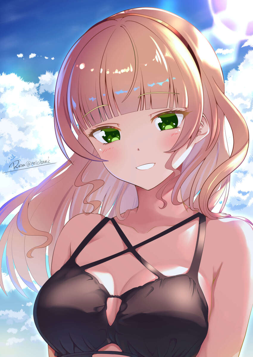 1girl absurdres artist_name bikini black_bikini blonde_hair blue_sky blunt_bangs breasts cleavage cloud commentary_request green_eyes heanna_sumire highres long_hair looking_at_viewer love_live! love_live!_superstar!! medium_breasts reisa-aisaka sky smile solo sunlight swimsuit twitter_username