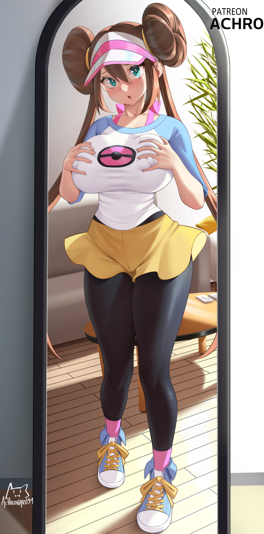 1girl :o achromaru artist_logo black_pantyhose blue_sleeves blush breasts bright_pupils brown_hair coffee_table couch covered_erect_nipples deep_skin donut_hair_bun double_bun full-length_mirror full_body furrowed_brow grabbing_own_breast green_eyes hair_between_eyes hair_bun highres indoors large_breasts logo long_hair looking_at_mirror looking_at_viewer mirror nintendo paid_reward_available pantyhose pantyhose_under_shorts parted_lips patreon_logo patreon_username plant poke_ball_print pokemon pokemon_bw2 raglan_sleeves reflection reflection_focus rosa_(pokemon) shirt shoes short_shorts shorts sneakers solo standing table twintails twitter_username very_long_hair visor_cap white_pupils white_shirt wooden_floor yellow_shorts