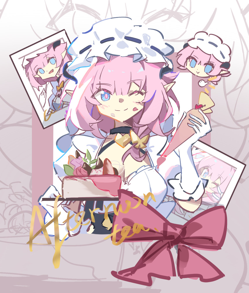 1girl ;) absurdres blue_eyes bow bowtie breasts cake chinese_commentary cleavage commentary_request elysia_(honkai_impact) elysia_(miss_pink)_(honkai_impact) elysia_(miss_pink_elf)_(honkai_impact) english_text food gloves head_only highres holding holding_cake holding_food holding_pastry_bag honkai_(series) honkai_impact_3rd large_breasts long_hair maid maid_headdress multiple_views official_alternate_costume one_eye_closed pastry_bag photo_(object) pink_bow pink_bowtie pink_hair smile thumbs_up ticra white_gloves zoom_layer
