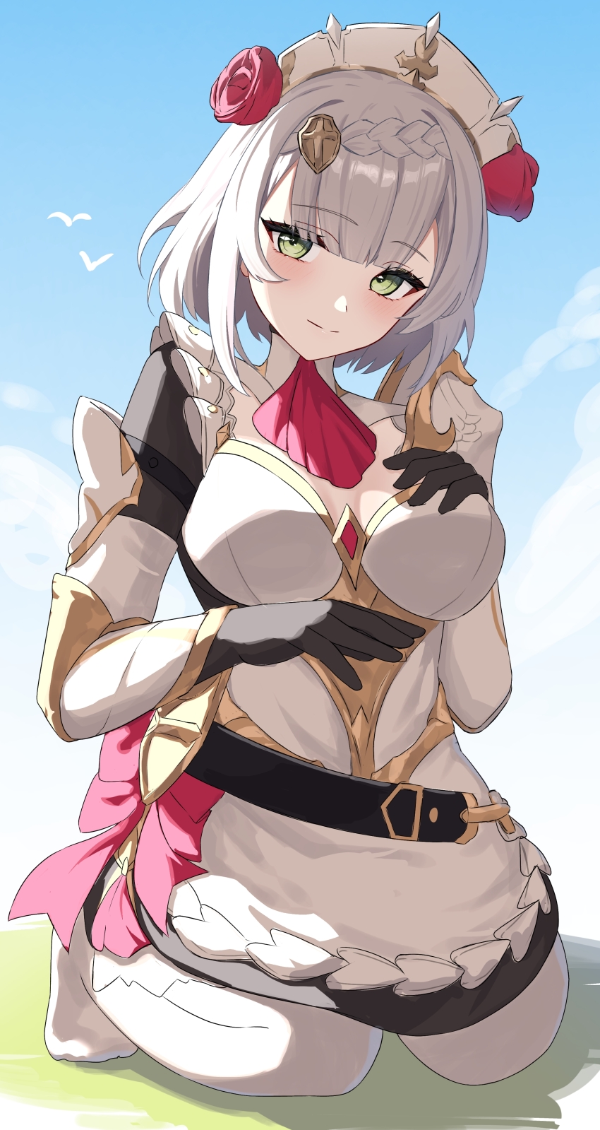 1girl absurdres anima_miko apron armor armored_boots armored_gloves blush boots bow breasts closed_mouth flower genshin_impact green_eyes grey_hair hand_on_own_chest highres large_breasts long_sleeves maid maid_apron maid_headdress noelle_(genshin_impact) pantyhose red_bow red_flower red_rose rose shield_hair_ornament short_hair smile solo waist_apron white_apron white_pantyhose
