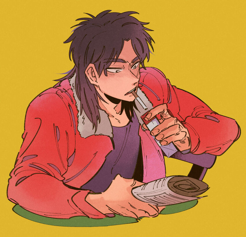 1boy black_eyes black_shirt bomber_jacket brown_hair cigarette cigarette_pack commentary_request expressionless highres holding holding_newspaper inudori itou_kaiji jacket kaiji long_hair male_focus newspaper open_clothes open_jacket open_mouth parted_bangs reading red_jacket rolled_up_newspaper shirt simple_background solo teeth upper_teeth_only yellow_background