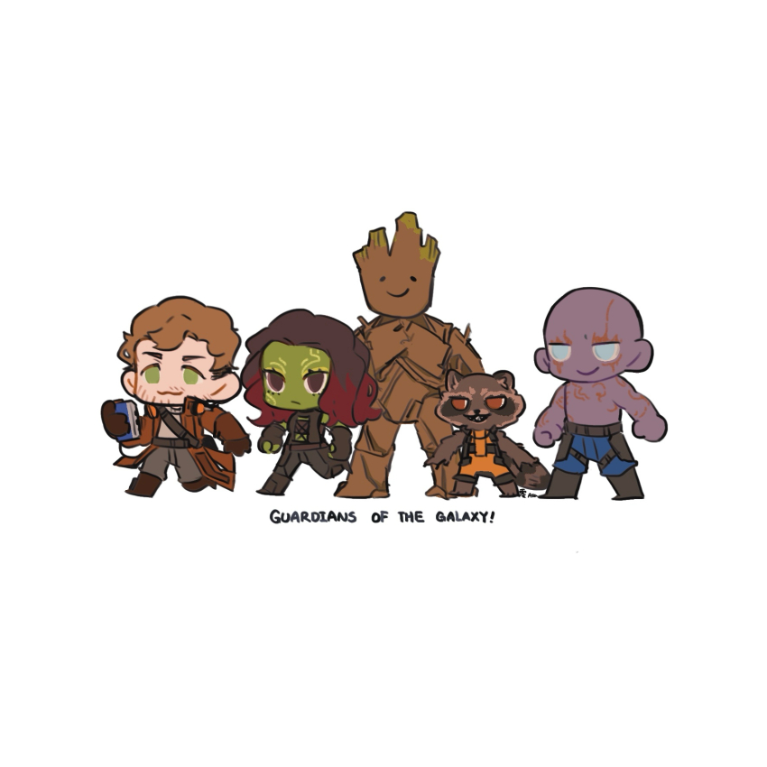 1girl 4boys aqua_eyes azasa221 bald beard_stubble black_bodysuit blue_pants bodysuit brown_coat brown_eyes brown_fur brown_hair coat colored_skin digital_media_player drax_the_destroyer facial_hair fingerless_gloves flora_colossus gamora gloves green_eyes green_skin grey_pants groot guardians_of_the_galaxy headphones headphones_around_neck highres light_smile long_hair marvel marvel_cinematic_universe multicolored_hair multiple_boys orange_bodysuit pants peter_quill purple_hair purple_skin raccoon_boy red_hair rocket_raccoon short_hair simple_background star-lord stubble topless_male tree_boy two-tone_hair white_background
