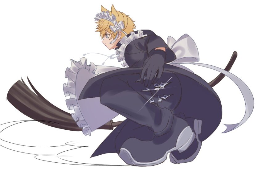 1boy alternate_costume ao_ringo_(yakirinngo_ha) apron black_dress black_gloves blonde_hair broom crossdressing crossdressing_(mtf) dress enmaided frilled_apron frills gloves holding holding_broom kingdom_hearts maid maid_apron maid_headdress male_focus male_maid roxas short_hair weapon white_apron