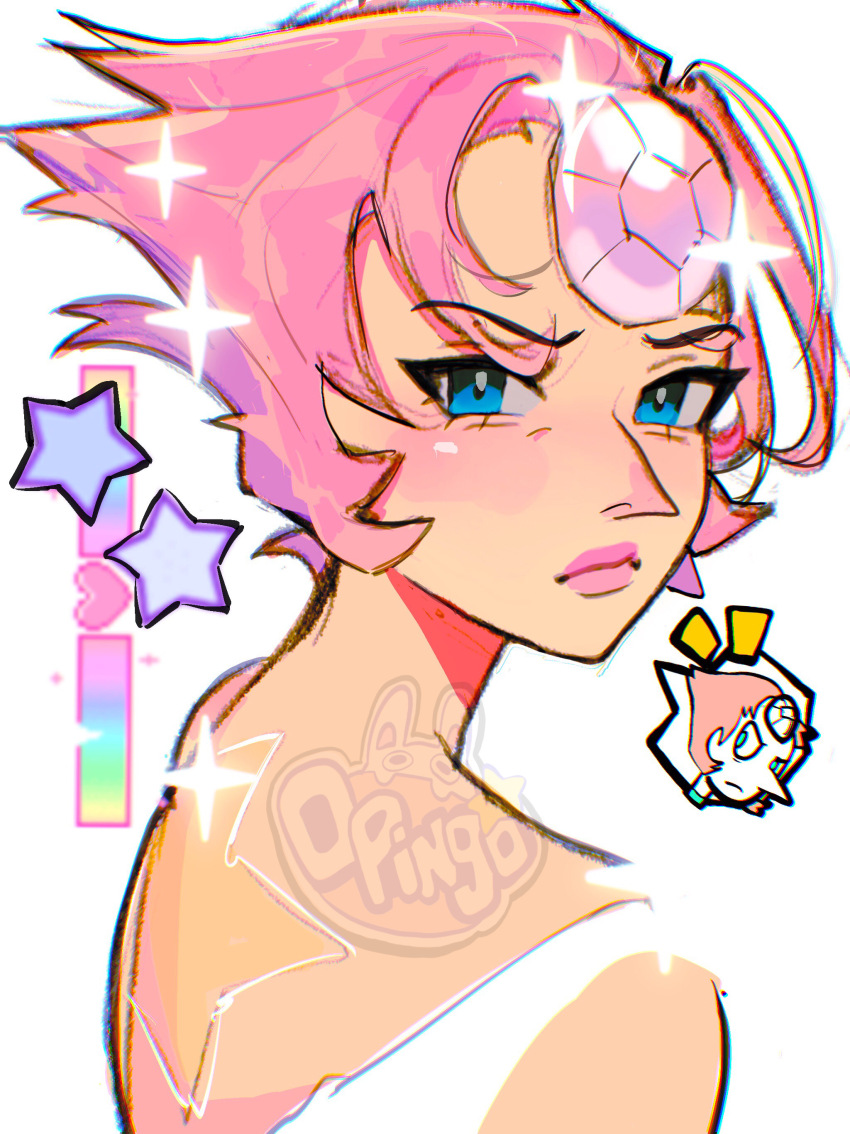 0ping0 1girl absurdres alternate_skin_color blue_eyes blush close-up forehead_jewel gem glint highres looking_at_viewer pearl_(steven_universe) pink_hair pink_lips pointy_nose pursed_lips short_hair solo sparkle spoken_character star_(symbol) star_tattoo steven_universe tank_top tattoo v-shaped_eyebrows white_tank_top