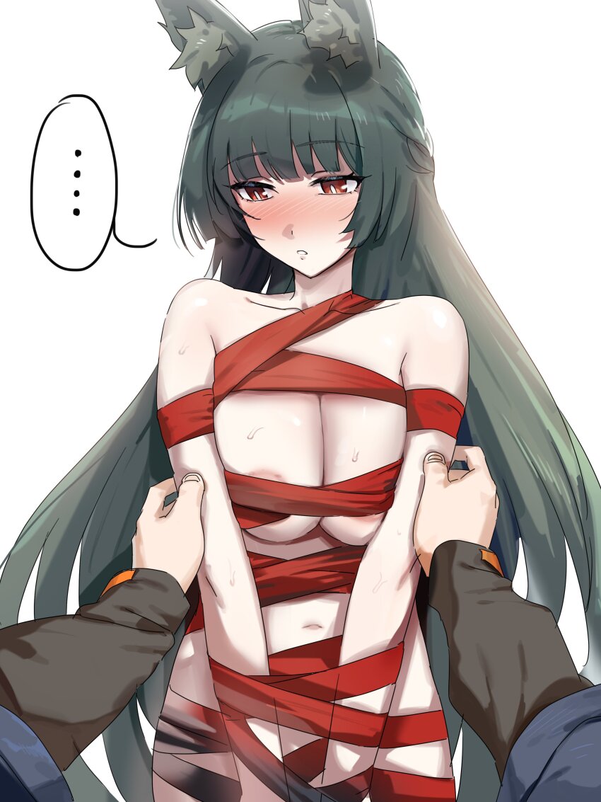 ... 1boy 1girl absurdres animal_ear_fluff animal_ears blunt_bangs breasts fox_ears fox_girl highres hoshimi_miyabi long_sleeves navel pov pov_hands red_ribbon ribbon saki_(remainaddd) simple_background white_background wise_(zenless_zone_zero) zenless_zone_zero