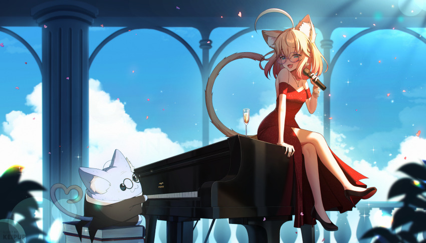 1girl :3 ahoge alternate_costume animal_ear_fluff animal_ears bare_shoulders black_shoes black_suit blonde_hair blue_eyes blue_sky blush cat_ears cat_girl cat_tail champagne_flute closed_mouth cloud column cup day dress drinking_glass fang formal_clothes glasses grey-framed_eyewear high_heels highres holding holding_microphone indie_virtual_youtuber instrument keipup leaf medium_hair microphone minikomew minyan_(minikomew) music open_mouth pillar plant playing_instrument playing_piano red_dress round_eyewear shoes short_sleeves sitting_on_piano sky smile sparkle suit tail virtual_youtuber