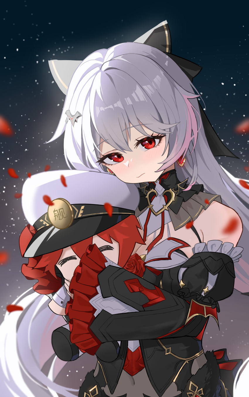 1girl absurdres bare_shoulders bat_hair_ornament black_bow black_collar black_dress bow breasts captain_(honkai_impact) character_doll closed_mouth collar commentary covered_navel detached_sleeves doll dress earrings hair_bow hair_ornament highres honkai_(series) honkai_impact_3rd hui_yu_yu_yu_ye jewelry large_breasts long_hair looking_at_viewer objectification red_eyes red_petals solo theresa_apocalypse theresa_apocalypse_(luna_kindred) theresa_apocalypse_(lunar_vow:_crimson_love) upper_body very_long_hair