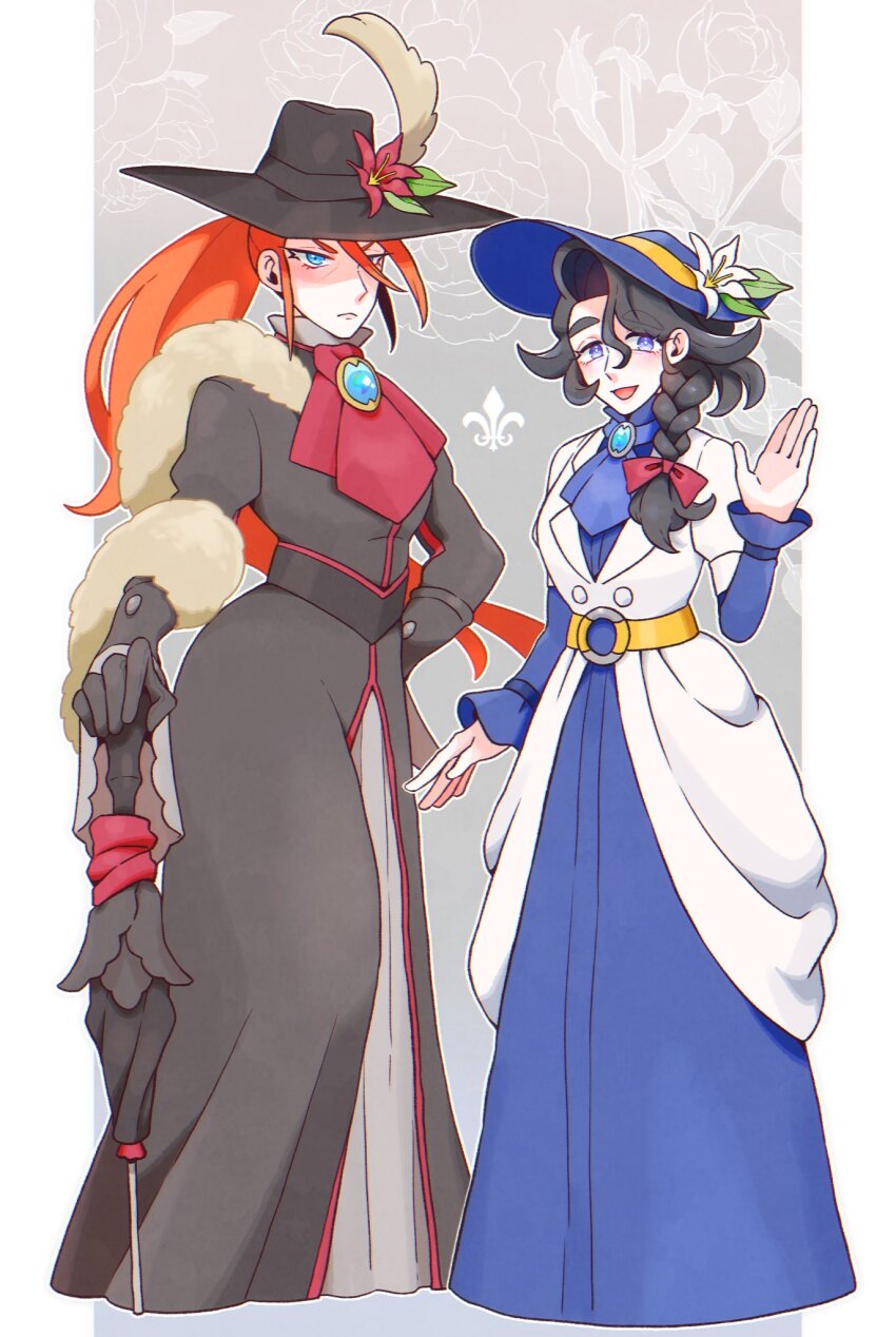 2girls arm_at_side arm_up ascot professor_sycamore belt black_dress black_gloves black_hair blue_ascot blue_dress blue_eyes blue_gemstone blue_hat bow braid braided_ponytail breasts coat commentary dress dress_coat elbow_gloves feather_hair_ornament female_focus floating_hair floral_background flower flower_on_head full_body gem genderswap genderswap_(mtf) gloves gohan_(horth-waribasi) hair_ornament hair_over_shoulder hand_on_own_hip hat height_difference highres juliet_sleeves lapels long_hair long_sleeves lysandre_(pokemon) mature_female medium_breasts multiple_girls nintendo notched_lapels pokemon pokemon_xy puffy_sleeves red_ascot red_hair serious standing sun_hat tall_female tareme tsurime umbrella waving white_coat wide_brim