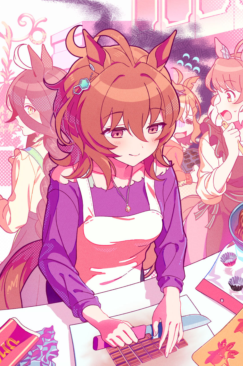 4girls =_= absurdres adapted_costume agnes_tachyon_(umamusume) ahoge animal_ears apron black_hair braid brown_hair casual chocolate dantsu_flame_(umamusume) ear_covers earrings hair_between_eyes highres holding holding_knife horse_ears horse_girl huge_ahoge jam_(umamusume) jewelry jungle_pocket_(umamusume) kii-kun_(agnes_tachyon)_(umamusume) knife koushikitarou_(oisiine8931) long_bangs long_hair long_sleeves manhattan_cafe_(umamusume) multiple_girls necklace off-shoulder_shirt off_shoulder purple_shirt red_eyes shirt short_hair single_earring umamusume valentine yellow_eyes