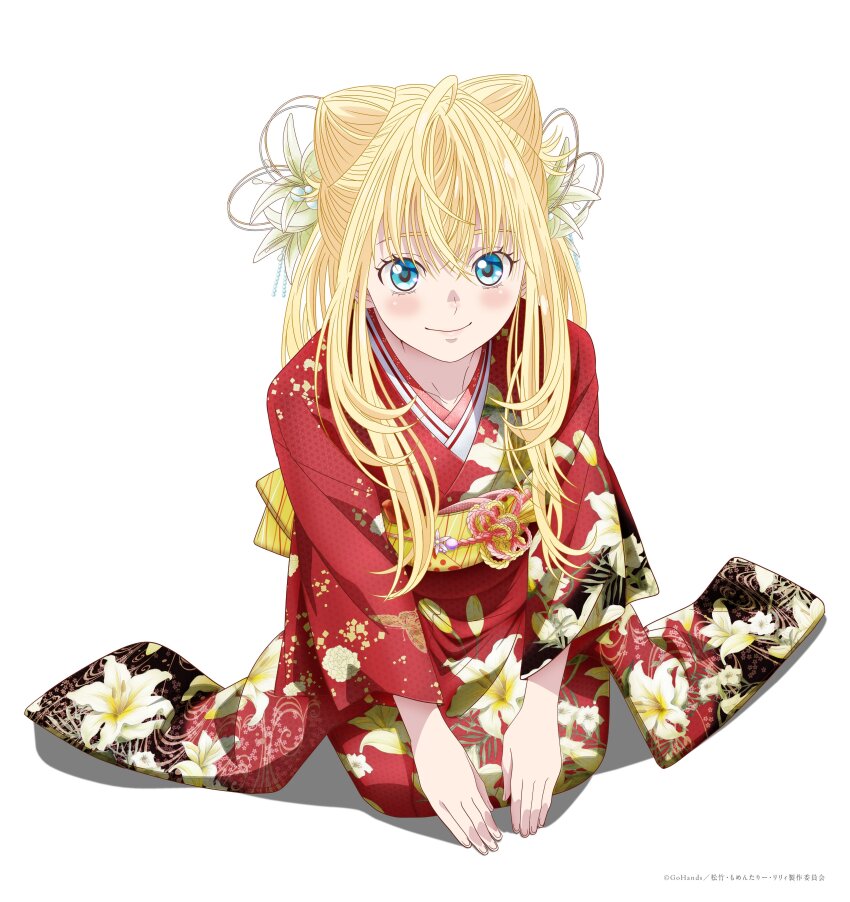 1girl absurdres ahoge blonde_hair blue_eyes closed_mouth collarbone commentary_request cone_hair_bun copyright_notice double_bun floral_print floral_print_kimono hair_between_eyes hair_bun hair_ornament highres japanese_clothes kanzashi kawazu_yuri kimono light_blush long_hair long_sidelocks looking_at_viewer momentary_lily new_year obi obidome obijime official_art print_kimono red_kimono sash seiza shade shadow sidelocks simple_background sitting smile solo tsumami_kanzashi white_background yellow_sash