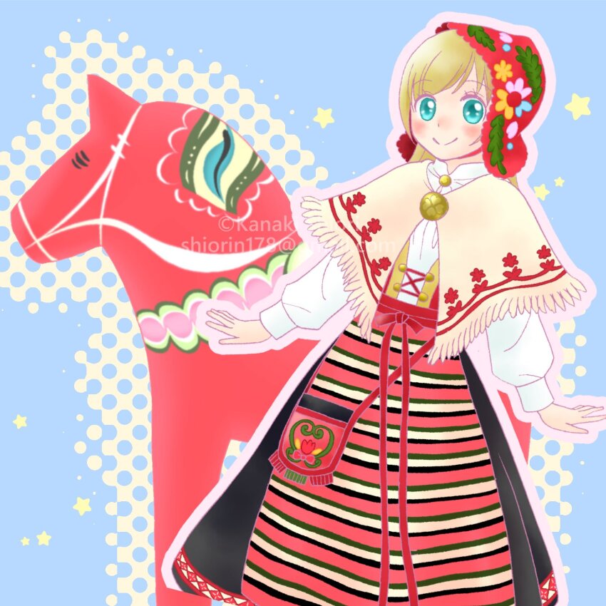 1girl apron aqua_eyes black_skirt blonde_hair blue_background blush brooch cowboy_shot cross-laced_vest dalecarlian_horse highres jewelry kanakisiori long_hair original red_vest shawl shirt skirt smile striped_apron striped_clothes sweden swedish_clothes vest waist_apron waist_bag white_shirt